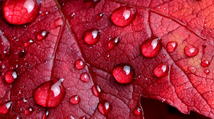 Wall Mural - Red autumn leaves glistening with raindrops after a fresh rain in a serene outdoor setting