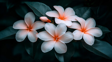 Wall Mural - Four delicate plumeria flowers blooming against a dark background in a serene garden setting during twilight hours