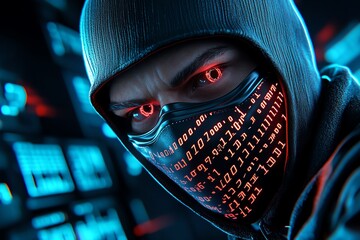 Poster - Digital identity thief wearing a mask, blending into a background of numbers, code, and personal information being stolen from screens in a dark, cyberpunk-style room