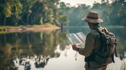 Sticker - Hiker Looking at Map by the Lake