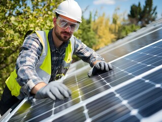 Poster - A technician wearing safety gear inspects and performs maintenance on solar panels in an outdoor setting, ensuring optimal performance and sustainability.