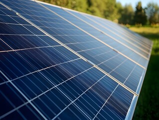 Poster - Detailed close-up of solar panels installed in a lush green field, highlighting renewable energy technology and sustainability in nature.