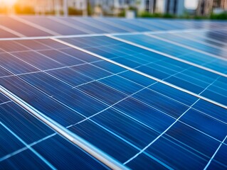 Poster - Detailed close-up of solar panels absorbing sunlight in an urban environment, highlighting renewable energy technology and sustainable infrastructure.