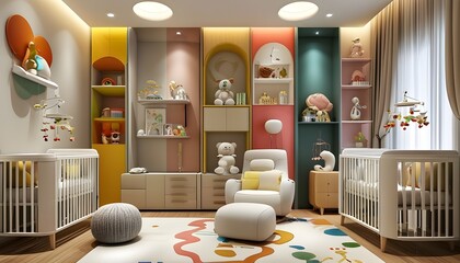 Wall Mural - Modern nursery featuring advanced baby monitors, vibrant decor, and educational elements for a nurturing atmosphere