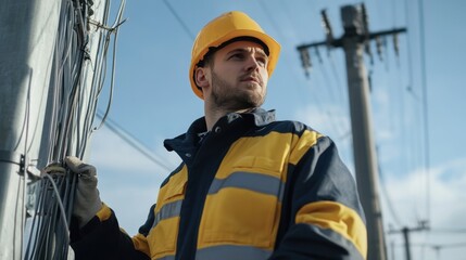 Poster - A professional electrician in uniform standing near a high voltage pole, inspecting wires in a safety-conscious work environment