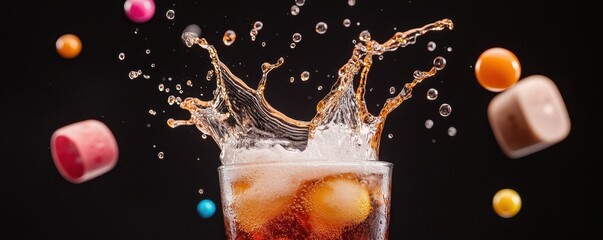 Splash of cold beverage with colorful candies on a dark background