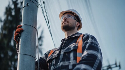 Poster - A professional electrician in uniform standing near a high voltage pole, inspecting wires in a safety-conscious work environment