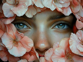 Wall Mural - Woman's Face Surrounded by Delicate Pink Flowers