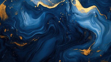 Abstract blue marble texture with gold splashes, blue luxury background