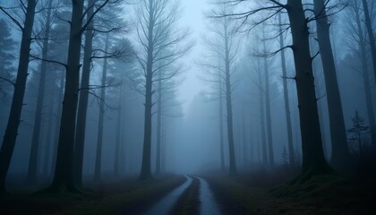 mysterious forest path foggy and serene