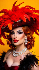 A woman drag queen wearing a red hat adorned with feathers poses for a photo.