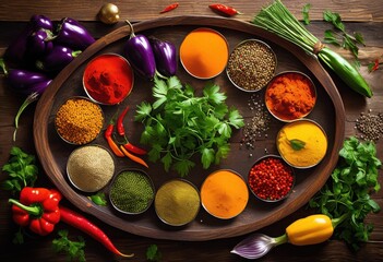 vibrant spice palette featuring colorful cultural meal ingredients like fresh aromatic colorful vegetables dynamic arrangement, herbs, cuisine, culture