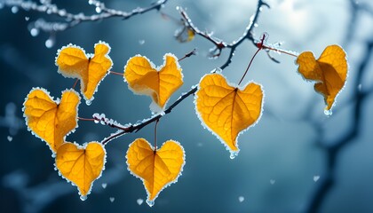 Wall Mural - Heart-shaped arrangement of yellow autumn leaves on a frozen branch against a winter backdrop for Valentines Day celebration