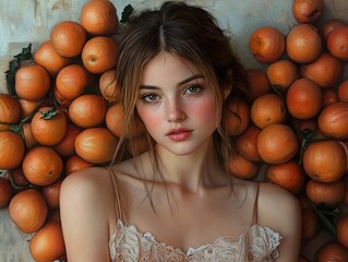 Wall Mural - Closeup Portrait of a Woman with Oranges