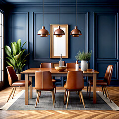 Home mockup, modern dark blue dining room interior with brown leather chairs, wooden table and decor, 3d render, white Mock up frame