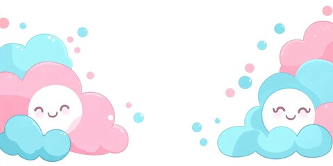 Wall Mural - White background with pink and blue bubbles white border around the clouds,