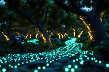 Poster - Fantasy forest with glowing trees, where the branches emit a soft magical light, and mystical creatures wander through the glowing underbrush in a dreamlike outdoor setting