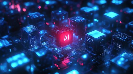 Poster - Digital AI Cube Network with Neon Blue and Pink Glow