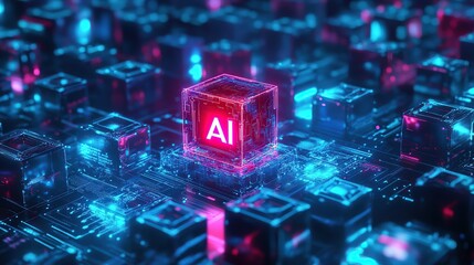 Poster - Digital AI Cube Network with Neon Blue and Pink Glow