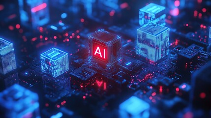 Poster - Digital AI Cube Network with Neon Blue and Pink Glow