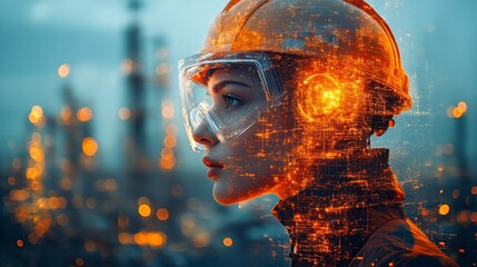 A female engineer in a safety helmet, surrounded by digital overlays and industrial elements.