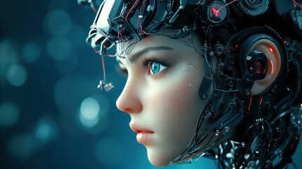 Poster - generative ai illustration of young female detailed cyborg with mechanisms and wires in head against