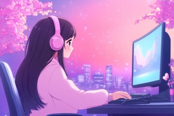 cartoon art of cute girl wearing headphones sits at her desk, studying on computer in purple hue