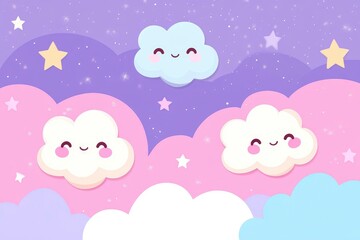 Wall Mural - Cute pastel background with stars and clouds