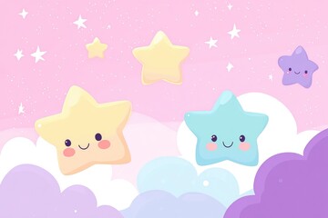 Wall Mural - Cute pastel background with stars and clouds