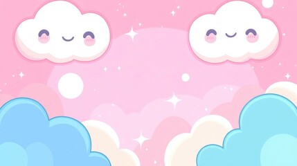 Wall Mural - Pink background with pink and blue bubbles white border around the clouds,
