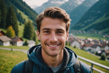 Close portrait of a smiling young Swiss man looking at the camera, Swiss outdoors blurred background