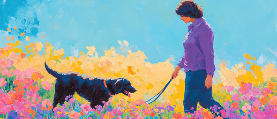 Brightly Colored Woman Walking Dog in Flower Field