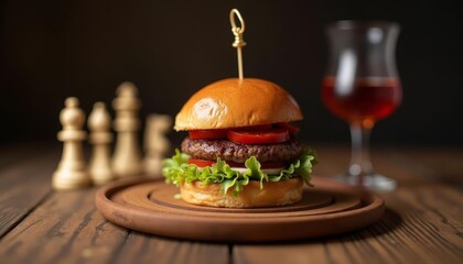 Sticker -  Delicious gourmet burger with a glass of wine perfect for a sophisticated meal