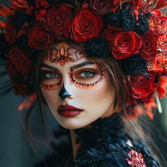 Beautiful Model with Halloween or Dia De Los Muertos Makeup and Headpiece on Dark Background with Copyspace