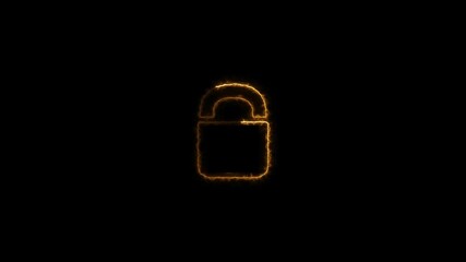 Wall Mural - lock icon animation by yellow color neon fire on black background.
