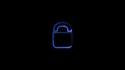 Wall Mural - lock icon animation by blue color neon light on black background.
