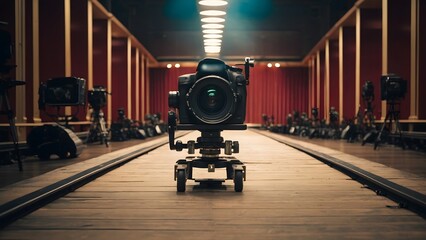 A Professional Camera on a Dolly Positioned on a Wooden Runway in a Studio During a Fashion Shoot at Night