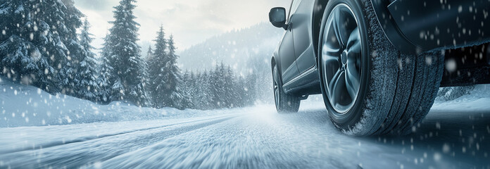 A close-up of a car driving on a snowy road surrounded by a snow-covered forest, highlighting the tire tracks and winter scenery