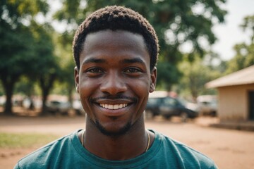 close portrait of a smiling young zambian man looking at the camera, zambian outdoors blurred backgr