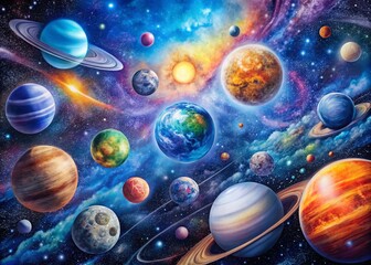 Wall Mural - Intricate Drawings of Space Featuring Planets, Stars, Galaxies, and Celestial Phenomena in Detail