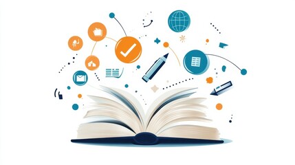 Poster - open book with floating educational icons symbolizing knowledge and learning