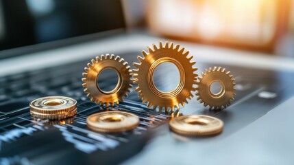 Intricate Gears and Cogs on Laptop Computer Symbolizing Technology and Engineering