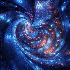 Poster - Abstract digital blue and orange fractal design creating a spiral pattern with glowing lights and futuristic elements.