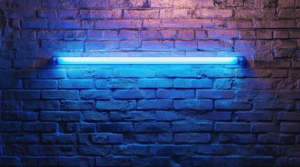 Poster - Blue neon light tube mounted on a brick wall, creating a moody and stylish urban atmosphere with its glow