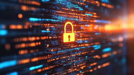 Poster - Secure software development code on computer screen with padlock symbol and blurred background