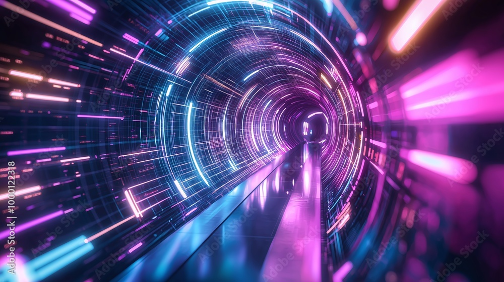 Vibrant neon tunnel with futuristic lights in blue and purple hues ...