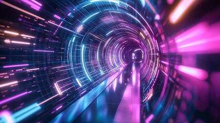 Poster - Vibrant neon tunnel with futuristic lights in blue and purple hues, creating a dynamic sense of motion and energy, perfect for tech-themed visuals.