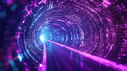 Poster - futuristic tunnel with glowing purple lights, representing high-speed data transfer and advanced tec