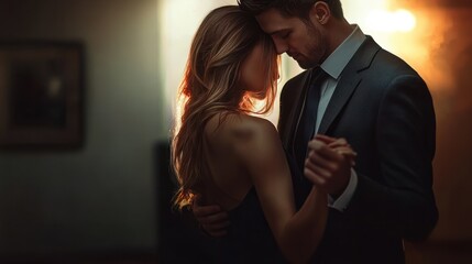 sexy woman slow dancing with business man wearing a dark grey suit hugging passionately , the lovely