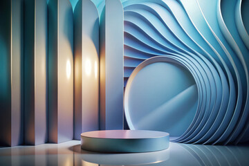 Poster - Abstract studio setup featuring curved walls and a circular platform illuminated by soft blue and warm light during the day. Generative AI